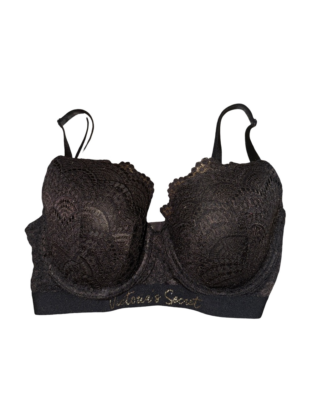 Victoria’s Secret Lightly Lined Demi Bra Black Lace Logo Band 34DD - Picture 1 of 11